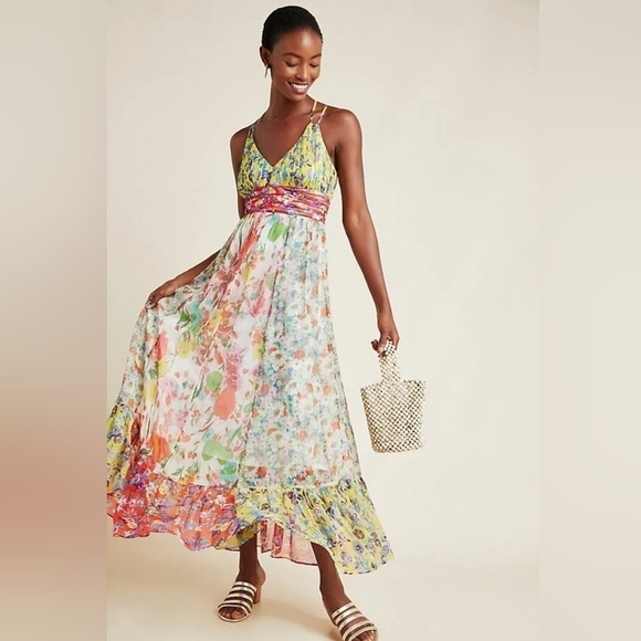 Anthropologie Malibu Floral Maxi Dress Flounced Hem Multicolor - Picture 2 of 12